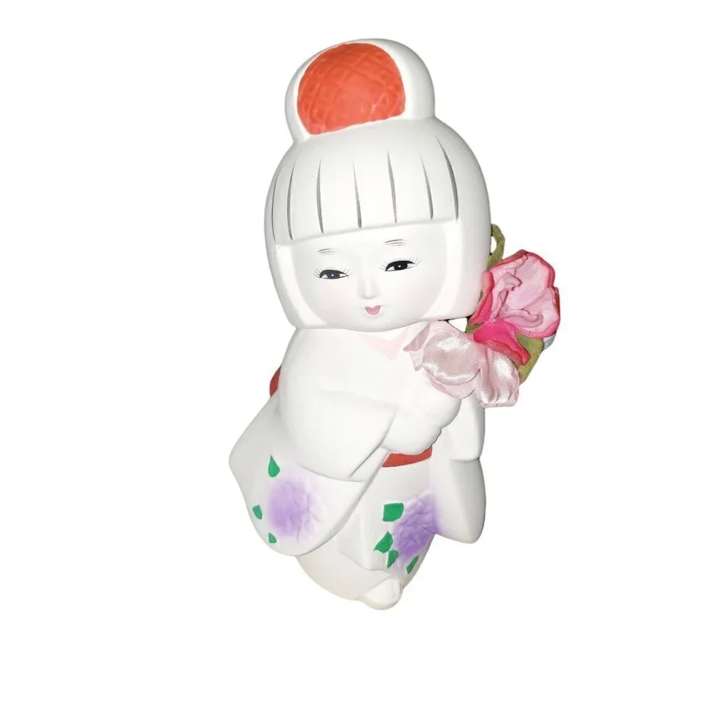 Vtg‎ Japanese Hakata Bisque Geisha Doll on Signed Wooden Base 7 3/4” T Ceramic
